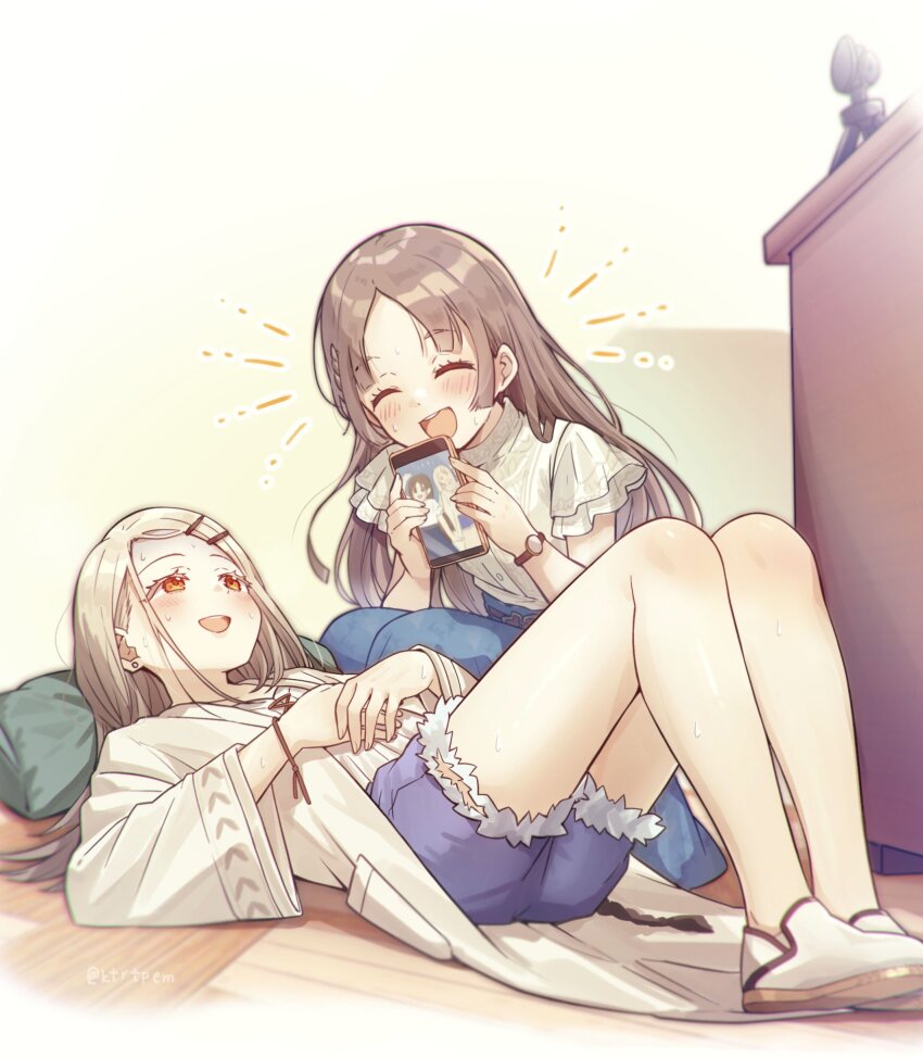 2girls, :d, blonde_hair, blouse, blue_shorts, blue_skirt, blunt_ends, blush, brown_hair, camisole, cellphone, cellphone_photo, closed_eyes, commentary_request, denim, denim_shorts, earrings, facing_another, gakuen_idolmaster, hair_ornament, hairclip, hands_on_own_chest, hands_up, happy, highres, holding, holding_phone, idolmaster, jewelry, knees_up, ktrtpem, kuramoto_china, long_hair, long_skirt, long_sleeves, looking_at_another, looking_up, lying, multiple_girls, on_back, on_floor, open_clothes, open_mouth, open_robe, orange_eyes, parallel_hairclips, parted_bangs, phone, pillow, robe, shinosawa_hiro, shirt, shoes, short_sleeves, shorts, skirt, smartphone, smile, squatting, stud_earrings, sweat, table, twitter_username, watch, white_camisole, white_robe, white_shirt, white_shoes, wide_sleeves, wristband, wristwatch