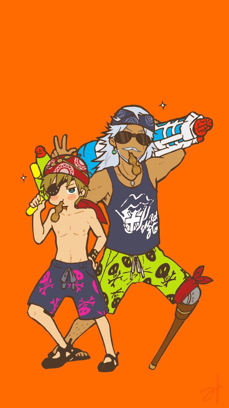2boys, alternate_costume, bad_id, bad_pixiv_id, bandana, beard, black_sandals, blue_shirt
