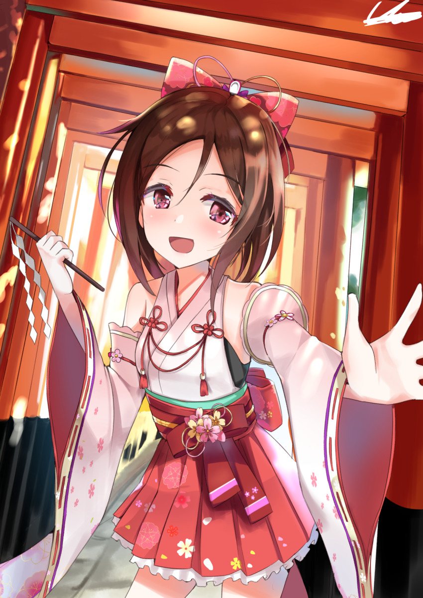 1girl, bow, bowtie, brown_hair, detached_sleeves, domyoji_karin, flower_ornament, gohei