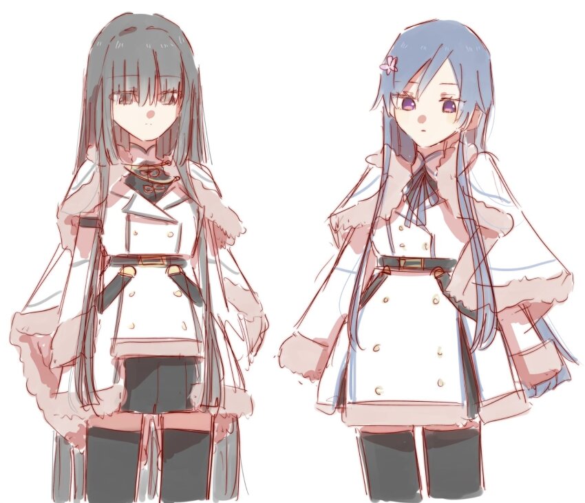 2girls, adapted_costume, akashi_manaka, aoki_kaho, arms_at_sides, assault_lily, belt, black_belt