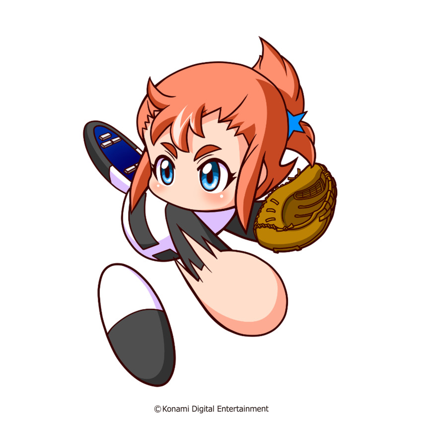 1girl, artist_request, baseball_glove, baseball_uniform, black_shirt, black_shoes, blue_eyes, copyright_notice, folded_ponytail, highres, jikkyou_powerful_pro_yakyuu, jikkyou_powerful_pro_yakyuu_(style), kogarashi_ryou, multicolored_shirt, multicolored_shoes, no_mouth, official_art, orange_hair, power_pro_appli, rayman_limbs, shirt, shoe_soles, shoes, short_hair, solo, sportswear, thick_eyebrows, throwing, two-tone_shoes, white_shirt, white_shoes