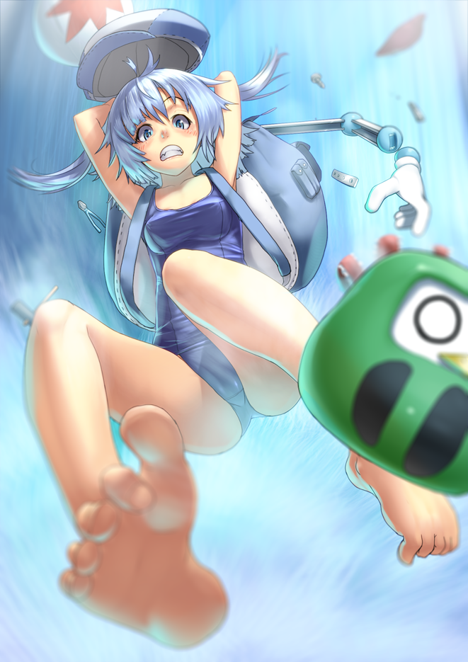 1girl, arms_behind_head, backpack, bag, bare_legs, barefoot, blue_eyes, blue_hair
