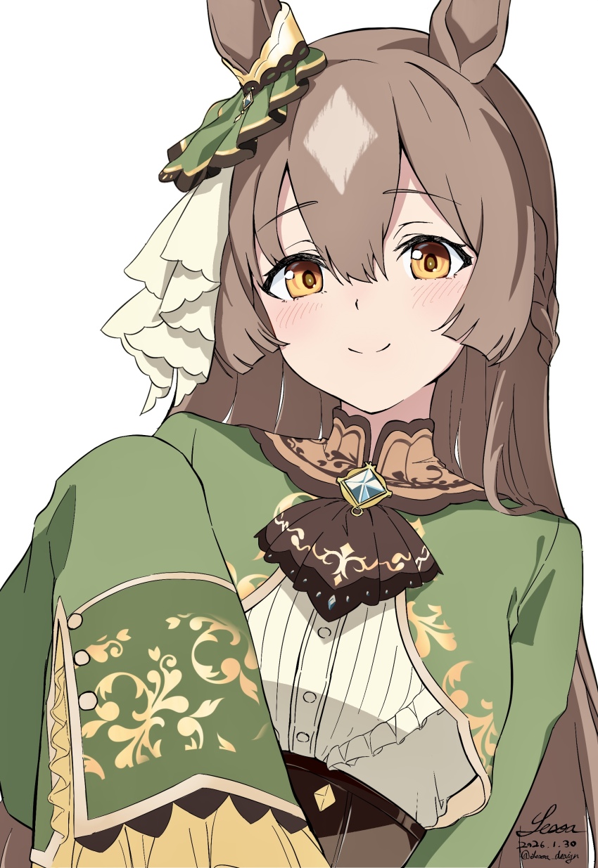 1girl, absurdres, animal_ears, artist_name, ascot, blush, bow, braid, breasts, brown_ascot, brown_eyes, brown_hair, closed_mouth, commentary_request, dated, double-parted_bangs, dress, ear_ornament, ear_ribbon, frills, green_dress, green_jacket, green_ribbon, hair_between_eyes, half_up_braid, highres, horse_ears, horse_girl, jacket, lesoa, long_hair, long_sleeves, looking_at_viewer, multicolored_hair, revision, ribbon, satono_diamond_(natural_brilliance)_(umamusume), satono_diamond_(umamusume), simple_background, sleeves_past_fingers, sleeves_past_wrists, smile, solo, streaked_hair, twitter_username, umamusume, upper_body, white_background, yellow_eyes