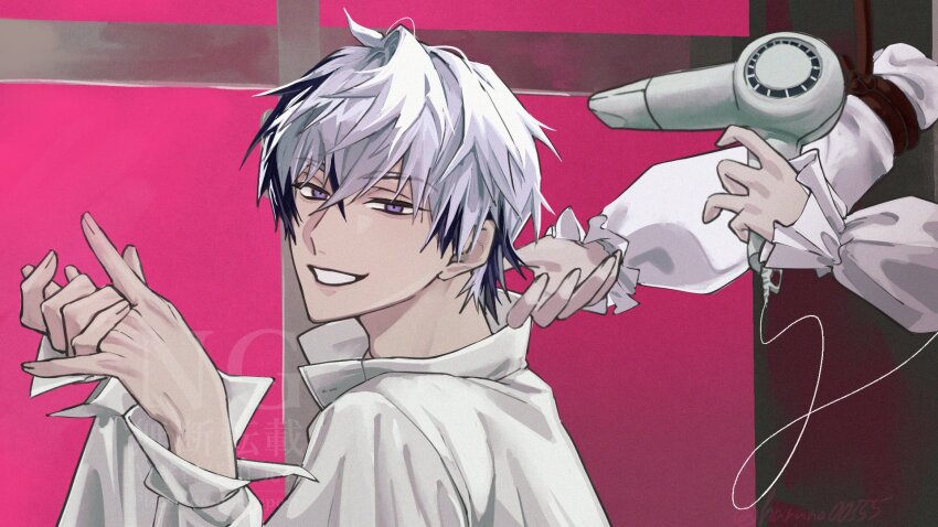 1boy, black_hair, commentary_request, hair_dryer, highres, holding, holding_hair_dryer, ikemen_villain