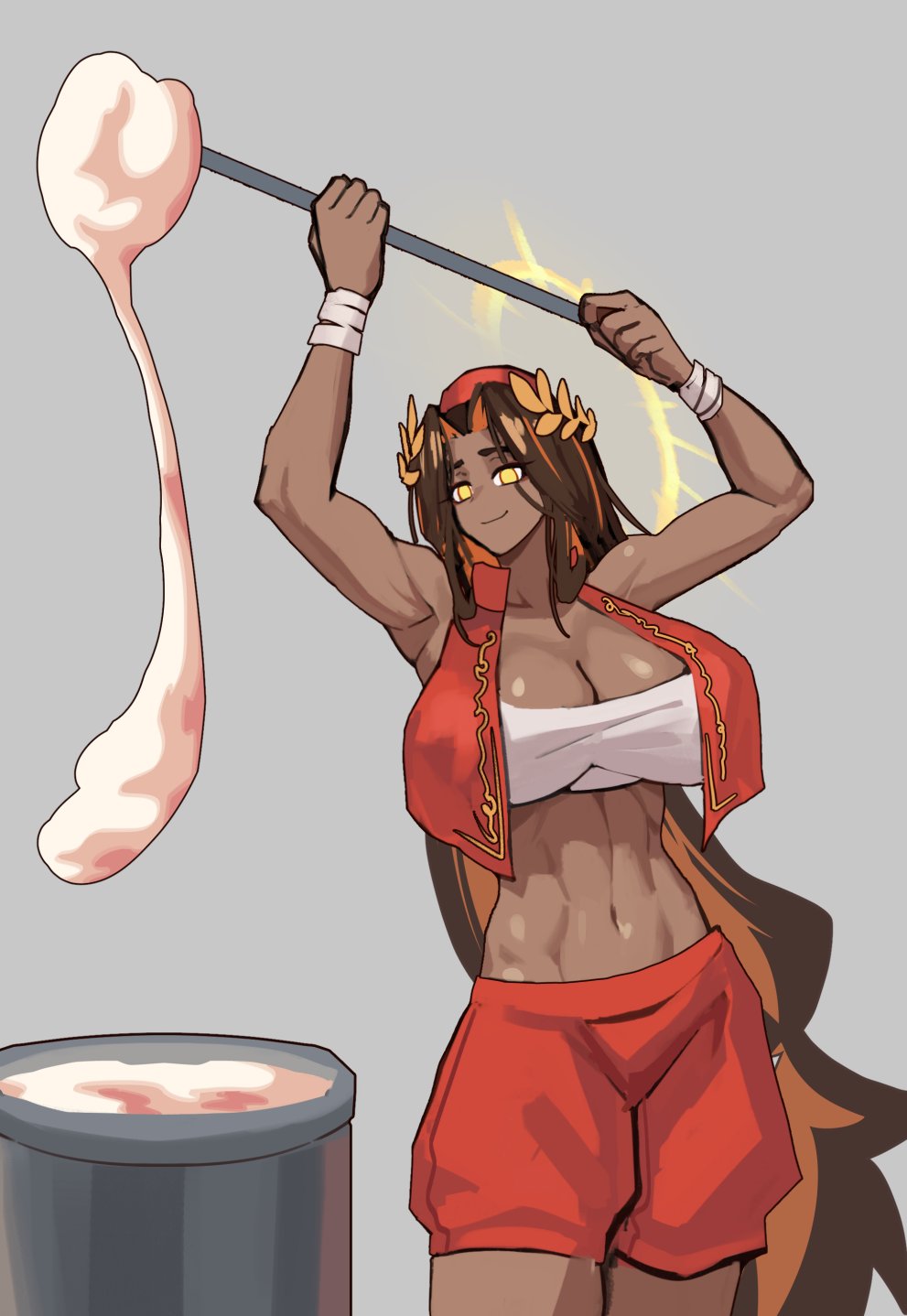 1girl, bandeau, brown_hair, cropped_jacket, dondurma_(ice_cream), emperor_of_mankind, fez_hat, genderswap, genderswap_(mtf), halo, halo_behind_head, hat, highres, holding, holding_pole, jacket, laurel_crown, midriff, navel, pants, podobrick, pole, red_jacket, red_pants, shorts, solo, toned, toned_female, turkish_clothes, warhammer_40k, yellow_eyes