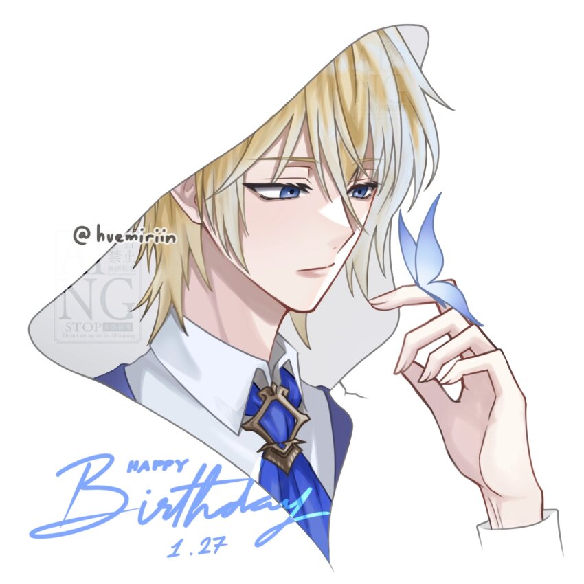 1boy, absurdres, artist_request, blonde_hair, blue_eyes, blue_necktie, bug, butterfly