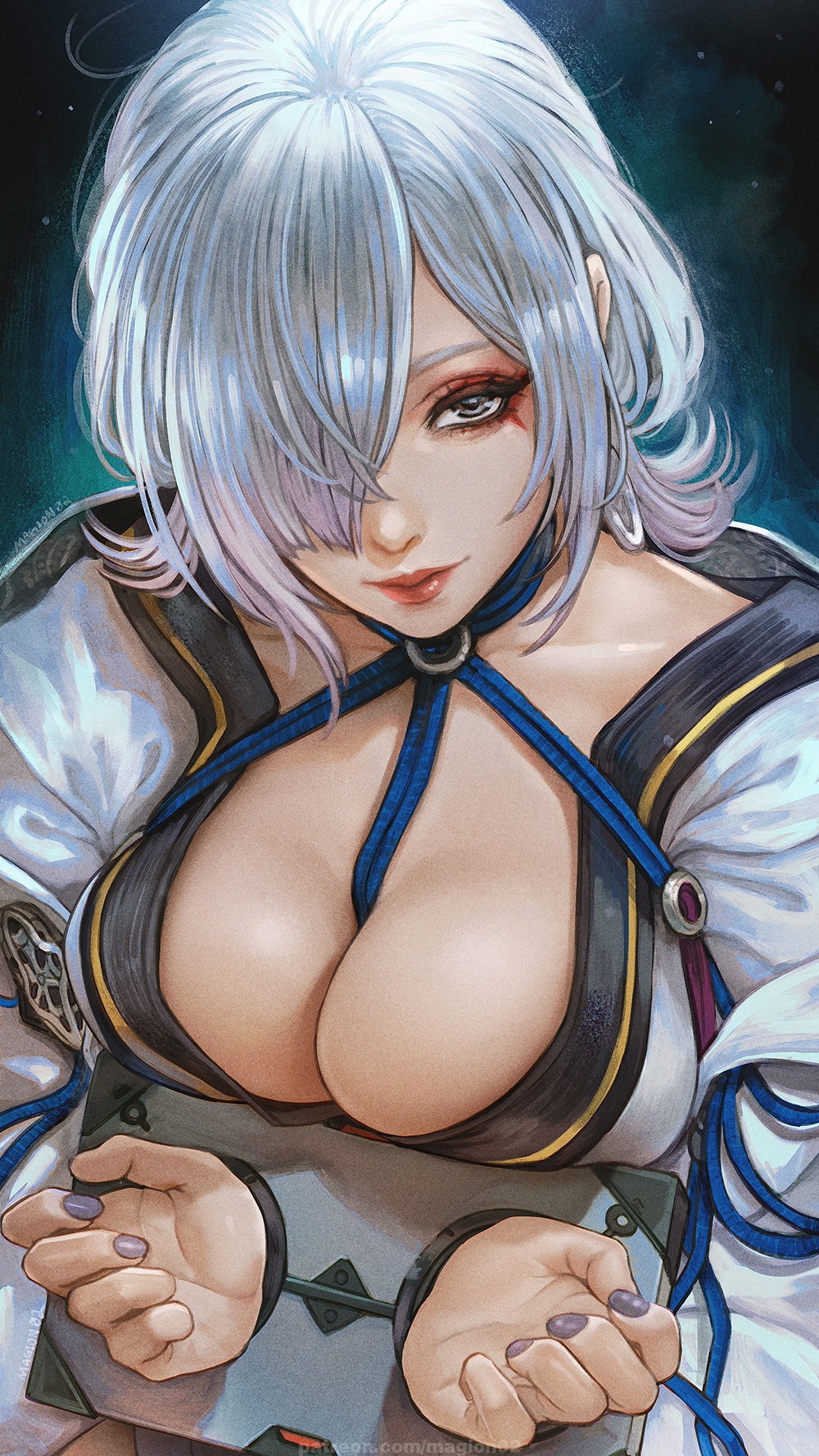 1girl, breasts, cleavage, commentary, english_commentary, grey_nails, hair_over_one_eye, highres