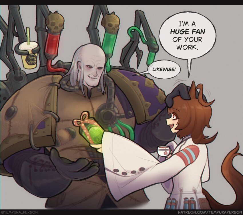 1boy, 1girl, agnes_tachyon_(tach-nology)_(umamusume), agnes_tachyon_(umamusume), animal_ears, armor, brown_hair, commentary, crossover, cup, english_commentary, fabius_bile, highres, holding, holding_cup, horse_ears, horse_girl, horse_tail, lab_coat, mechanical_arms, pauldrons, power_armor, red_eyes, shoulder_armor, space_king, tail, teacup, tempura_person, umamusume, warhammer_40k