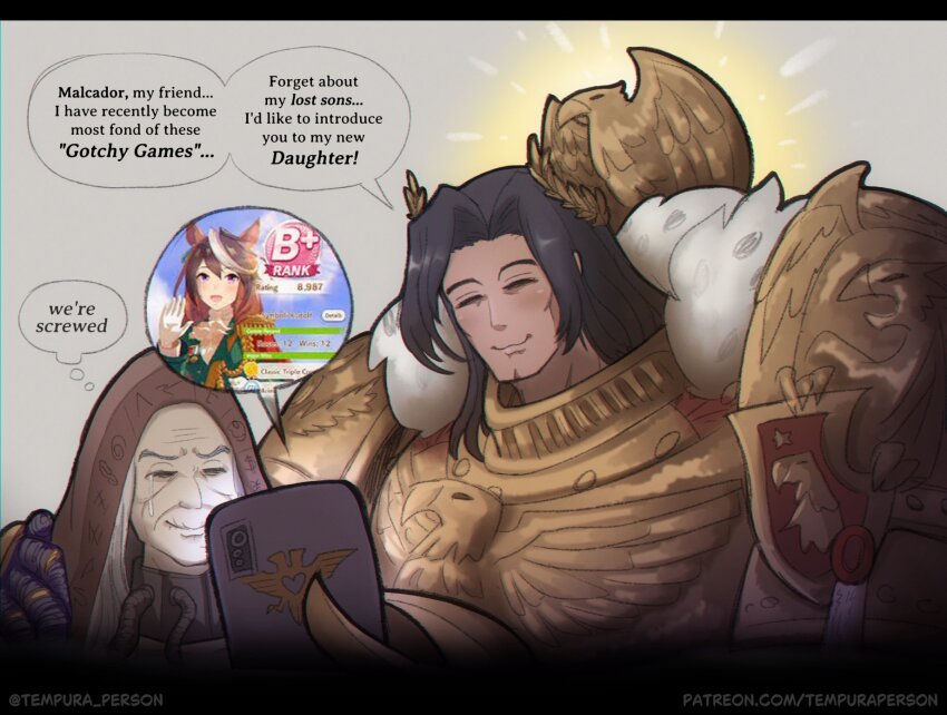 2boys, aquila_(symbol), armor, black_hair, cellphone, closed_eyes, commentary, dark-skinned_male, dark_skin, emperor_of_mankind, english_commentary, highres, holding, holding_phone, hood, laurel_crown, malcador_the_sigillite, multiple_boys, phone, power_armor, screenshot_inset, smartphone, speech_bubble, symboli_rudolf_(emperor's_path)_(umamusume), symboli_rudolf_(umamusume), tearing_up, tempura_person, thought_bubble, umamusume, warhammer_40k, wrinkled_forehead