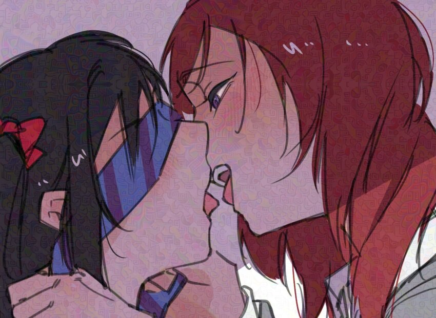 2girls, adversarial_noise, black_hair, blindfold, blue_necktie, blush, bow, commentary