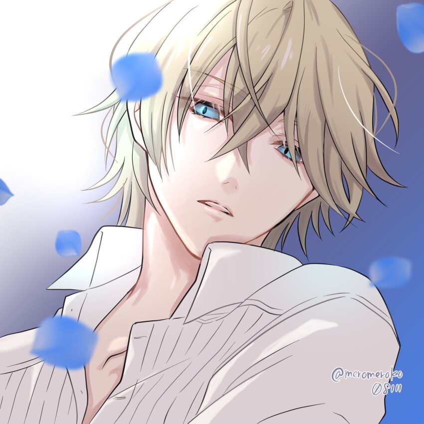 1boy, blonde_hair, blue_eyes, blue_petals, commentary_request, elbert_greetia, highres, ikemen_villain