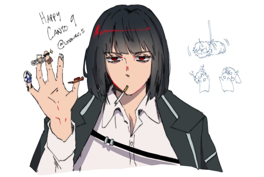 2boys, 2girls, alyssa_(project_moon), artist_name, bags_under_eyes, black_coat, black_hair, blunt_bangs