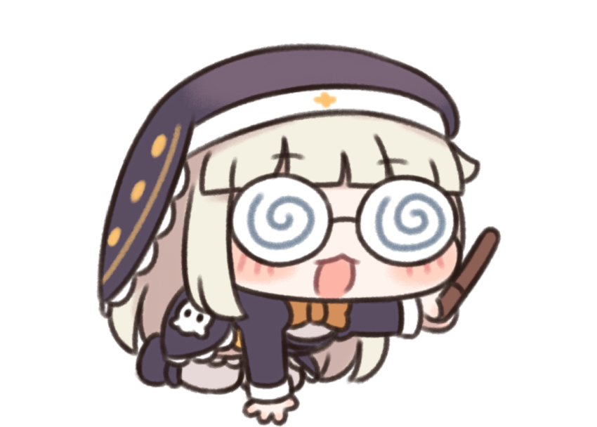 1girl, :3, blush_stickers, chibi, coke-bottle_glasses, commentary_request, glasses, holding