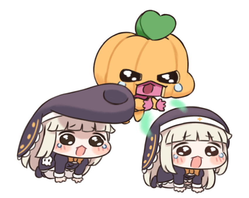 3girls, all_fours, chibi, commentary_request, crying, crying_with_eyes_open, diamond_wa_kudakenai, jojo_no_kimyou_na_bouken, long_hair, meme, multiple_girls, nipruku, parody, pompadour, pumpkin_costume, speaki_(trickcal), speakiposting_(meme), stand_(jojo), tears, trickcal, white_background
