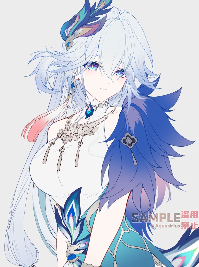 1girl, aqueasirius, blue_eyes, bracelet, breasts, bright_pupils, chinese_clothes, earrings, fur_trim, hair_between_eyes, highres, honkai:_star_rail, honkai_(series), jewelry, large_breasts, long_hair, looking_at_viewer, multicolored_eyes, necklace, peacock_feathers_hair_ornament, purple_eyes, simple_background, single_earring, sleeveless, tassel, two-tone_eyes, very_long_hair, white_hair, white_pupils, yao_guang_(honkai:_star_rail)