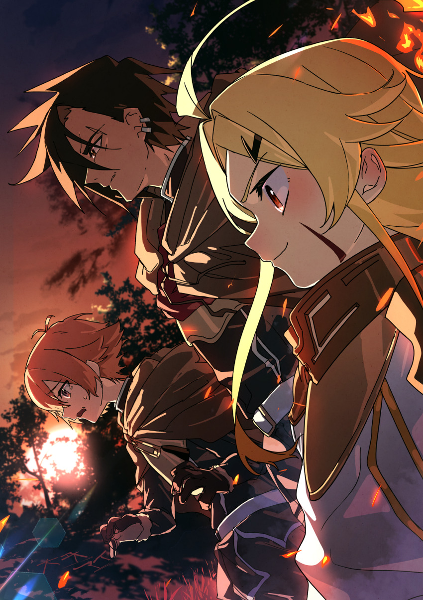 1girl, 2boys, ahoge, black_gloves, black_jacket, blonde_hair, blush, brown_cloak, brown_eyes, brown_hair, cloak, closed_mouth, commentary_request, dutch_angle, earrings, facial_mark, fire, forbartz_xylo, forest, gloves, highres, jacket, jewelry, lens_flare, looking_ahead, luzulas_dotta, multiple_boys, nature, open_mouth, red_eyes, scar, scar_across_eyebrow, scar_on_face, small_sweatdrop, smile, spiked_hair, sun, sunset, taigaai4649, teoritta, upper_body, white_cloak, worried, yellow_eyes, yuushakei_ni_shosu