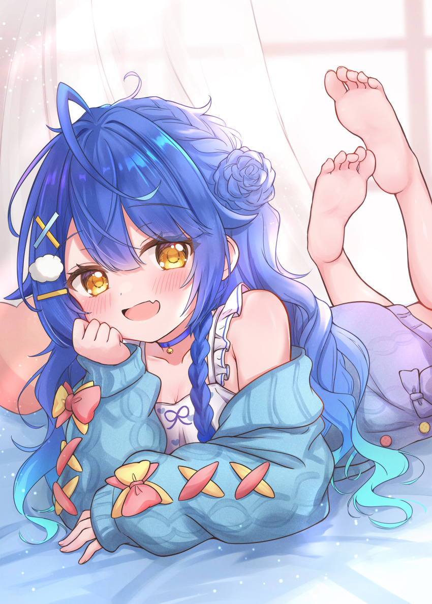 1girl, absurdres, ahoge, amamiya_kokoro, amamiya_kokoro_(6th_costume), backlighting, bare_shoulders, barefoot