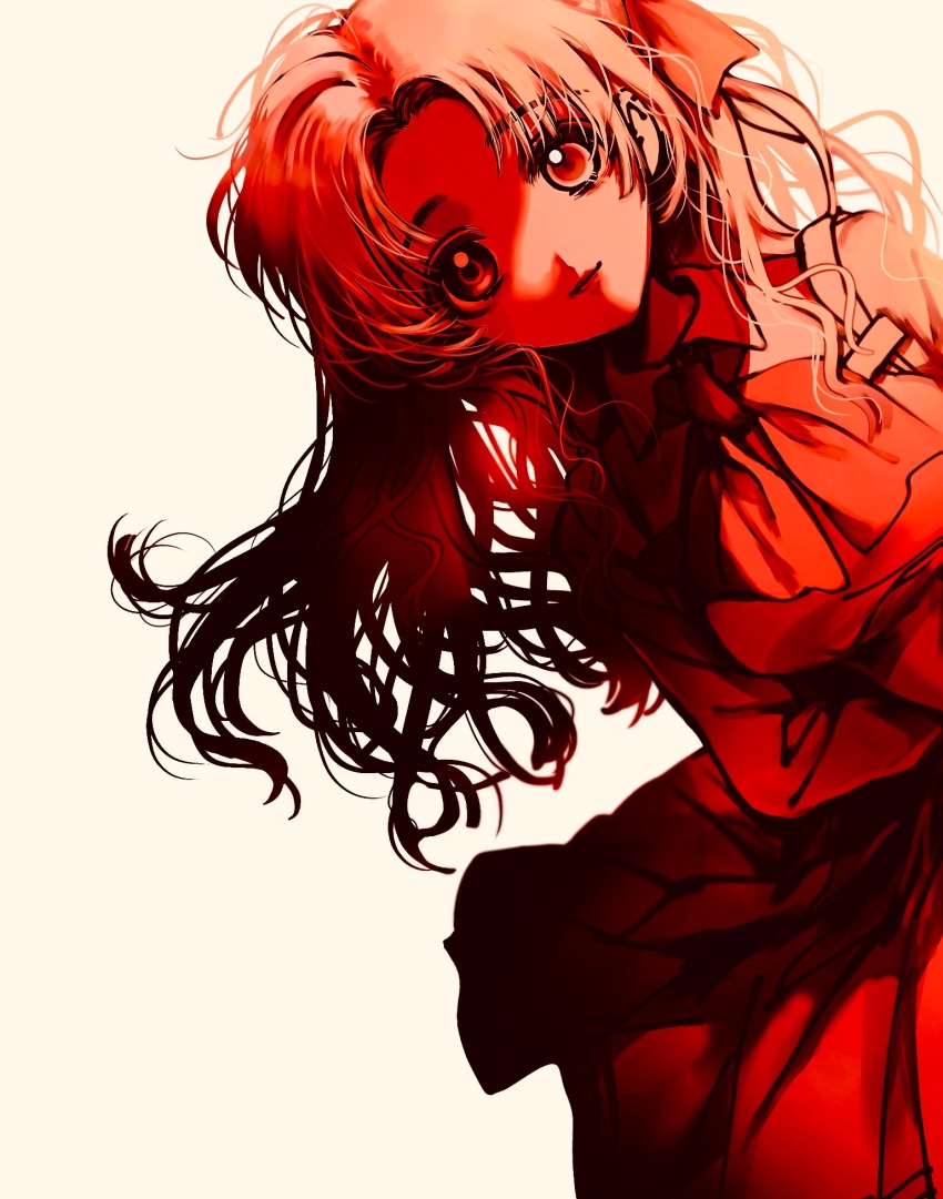 1girl, andou_(and_y_u), bow, bowtie, collared_shirt, commentary_request, highres, long_hair, long_sleeves, looking_at_viewer, parted_bangs, red_theme, sayonara_wo_oshiete, school_uniform, shirt, simple_background, skirt, smile, solo, ueno_koyori, white_background