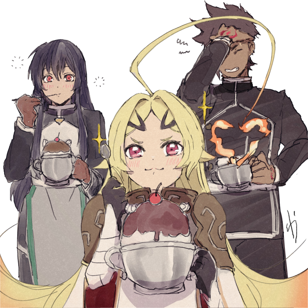 1boy, 2girls, :3, ahoge, armor, black_gloves, black_hair, black_jacket, blonde_hair, blush, bowl, brain_freeze, brown_gloves, cherry, chocolate, clenched_teeth, closed_mouth, commentary_request, dark-skinned_male, dark_skin, fiery_hair, food, forbartz_xylo, fruit, gloves, hand_on_own_head, hand_up, holding, holding_bowl, holding_spoon, huge_ahoge, ice_cream, jacket, kivia_patausche, multiple_girls, parted_bangs, purple_hair, red_eyes, sakai_wau, shoulder_armor, simple_background, smile, spiked_hair, spoon, squeans, squiggle, teeth, teoritta, upper_body, white_background, yuushakei_ni_shosu