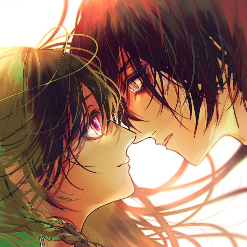 1boy, 1girl, andou_(and_y_u), braid, brown_hair, commentary, eye_contact, green_hair