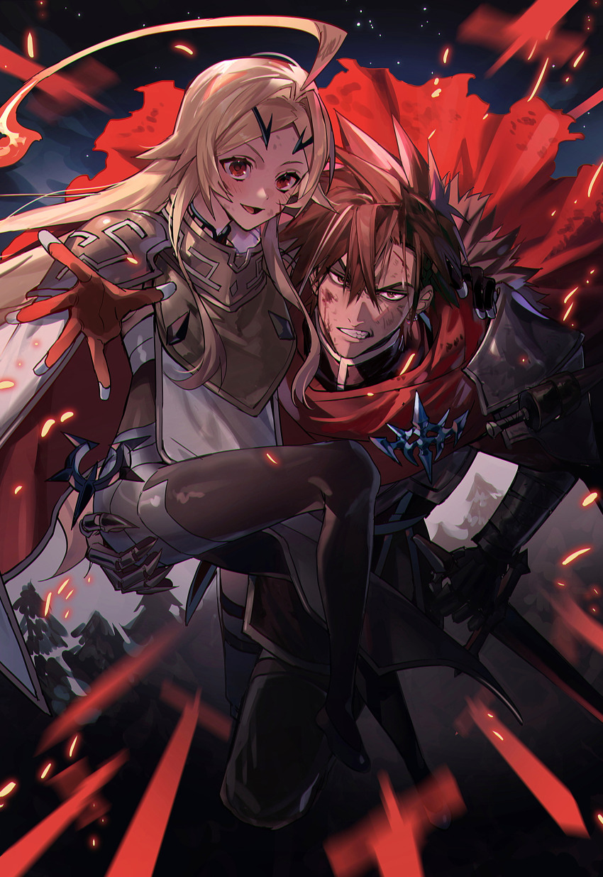 1boy, 1girl, absurdres, ahoge, armor, black_gloves, blonde_hair, blood