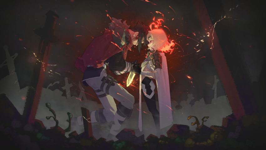 1boy, 1girl, ahoge, armor, black_hair, black_jacket, blonde_hair, cloak