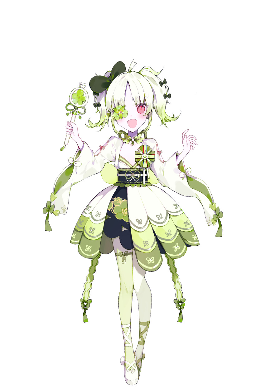 1girl, :d, absurdres, bow, flower, flower_over_eye, full_body, gradient_hair, green_bow, green_flower, green_kimono, hair_bow, hands_up, highres, holding, holding_wand, japanese_clothes, kimono, kizaki_ruru, long_hair, looking_at_viewer, mahou_shoujo_no_inshuu_mura, multicolored_hair, obi, official_art, one_eye_covered, open_mouth, parted_bangs, pink_eyes, sash, second-party_source, shoes, simple_background, smile, solo, standing, tachi-e, transparent_background, twintails, umemaro_(siona0908), wand, white_hair, white_shoes, wide_sleeves