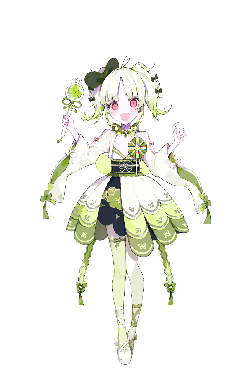 1girl, :d, absurdres, bow, full_body, gradient_hair, green_bow, green_kimono, hair_bow, hands_up, highres, holding, holding_wand, japanese_clothes, kimono, kizaki_ruru, long_hair, looking_at_viewer, mahou_shoujo_no_inshuu_mura, multicolored_hair, obi, official_art, open_mouth, parted_bangs, pink_eyes, sash, second-party_source, shoes, simple_background, smile, solo, standing, tachi-e, transparent_background, twintails, umemaro_(siona0908), wand, white_hair, white_shoes, wide_sleeves