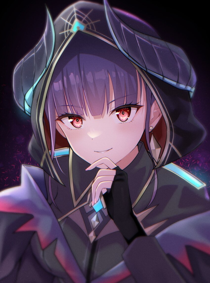 1girl, commentary_request, earrings, fake_horns, fingerless_gloves, gloves, heaven_burns_red, highres, hood, hoodie, horned_headwear, horns, jewelry, looking_at_viewer, purple_hair, red_eyes, rrtp, satsuki_mari, satsuki_mari_(demon_king's_strategist_of_chaos)