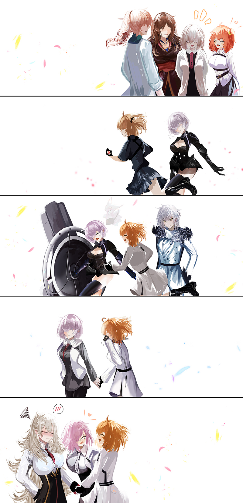 2boys, 5girls, antinese, asymmetrical_bangs, bags_under_eyes, braid, breasts, brown_hairband