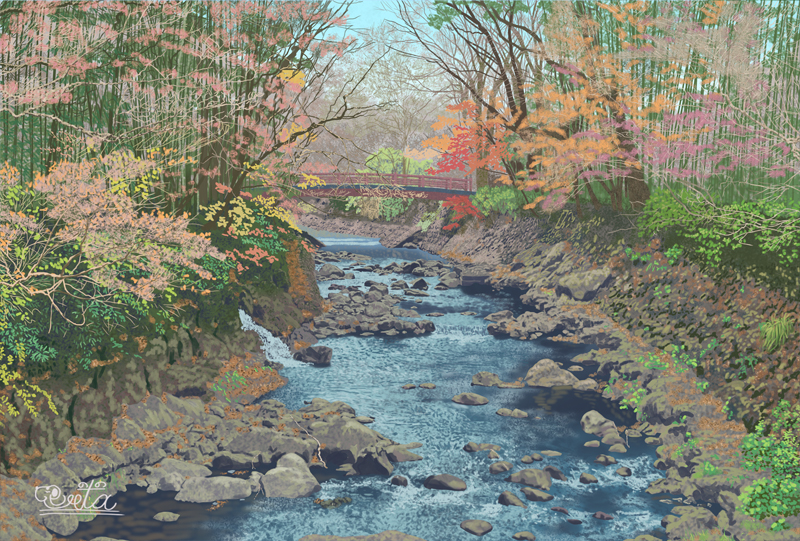 autumn_leaves, bridge, commentary_request, day, forest, landscape, leaf, nature