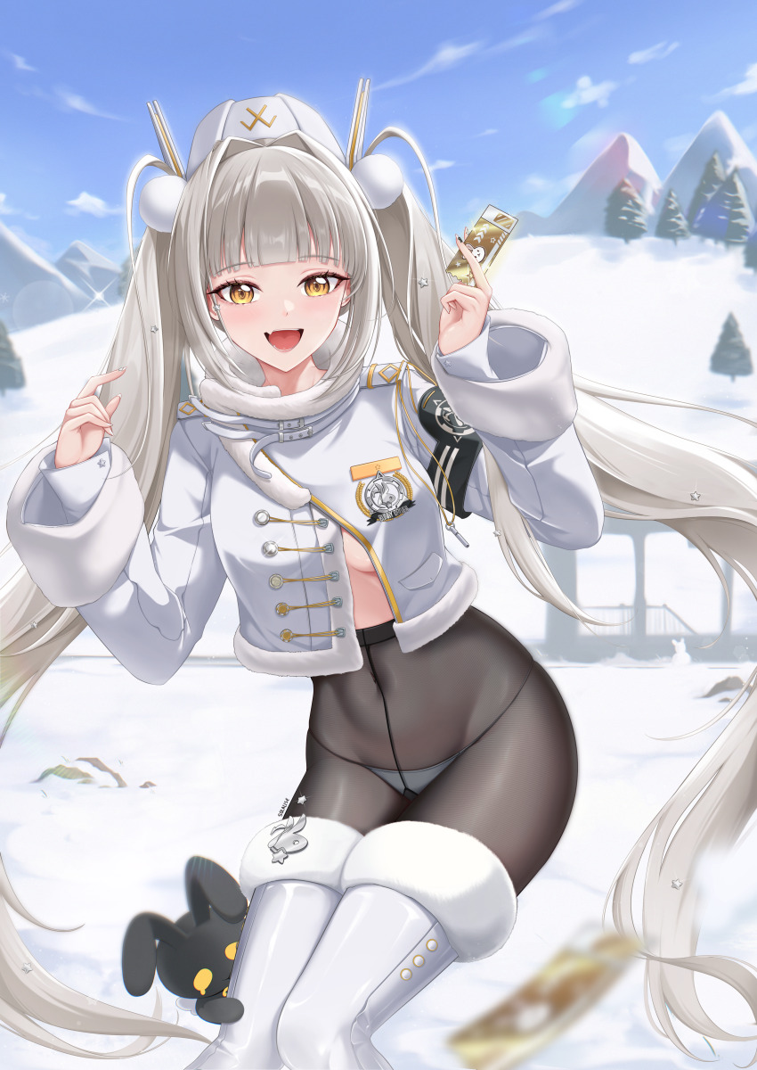 1girl, absurdres, armband, black_armband, black_pantyhose, black_rabbit_(animal), blanc_(fortune_express)_(nikke), blanc_(nikke), blue_sky, blush, boots, breasts, coat, commentary, crotch_seam, english_commentary, fang, fur-trimmed_boots, fur-trimmed_collar, fur_trim, goddess_of_victory:_nikke, hat, high-waist_pantyhose, highres, holding, holding_ticket, jacket, long_hair, looking_at_viewer, medium_breasts, navel, no_pants, official_alternate_costume, official_alternate_hairstyle, open_mouth, outdoors, panties, panties_under_pantyhose, pantyhose, seamed_legwear, see-through_pantyhose, sky, smile, snow, solalise, solo, thigh_boots, ticket, twintails, underwear, very_long_hair, white_boots, white_hair, white_hat, winter_clothes, winter_coat, yellow_eyes