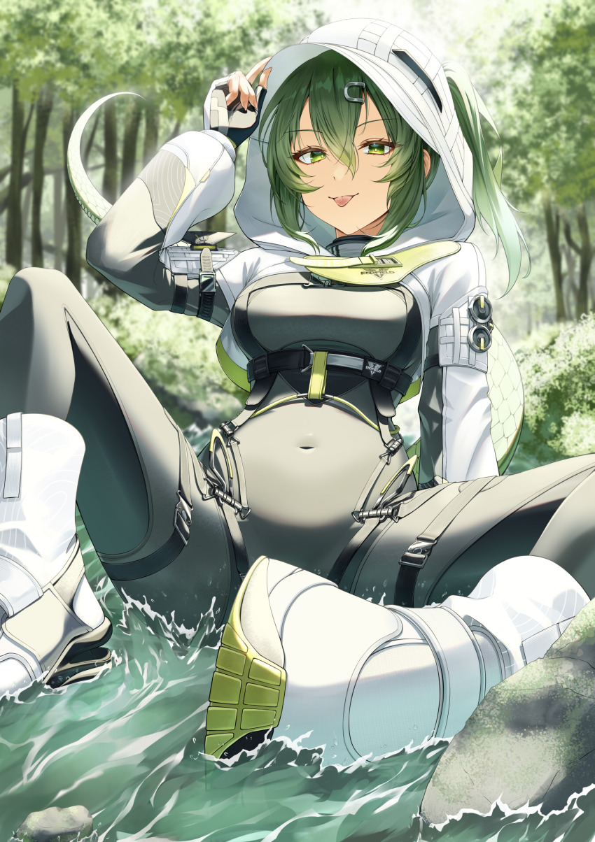 1girl, absurdres, arknights, arknights:_endfield, black_bodysuit, black_gloves, bodysuit, covered_navel, crocodile_girl, crocodilian_tail, fingerless_gloves, fluorite_(arknights), forest, gloves, green_eyes, green_hair, hair_between_eyes, highres, hood, hoodie, impossible_bodysuit, impossible_clothes, looking_at_viewer, mashuretsu, medium_hair, nature, outdoors, river, scales, scenery, shoes, sidelocks, solo, tail, tongue, tongue_out, white_hoodie