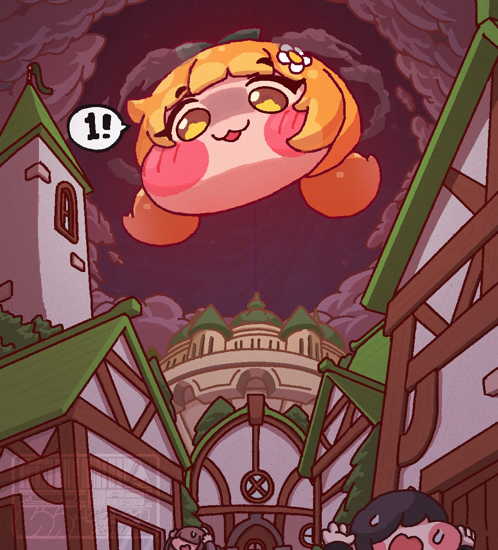 1girl, blonde_hair, chibi, cloud, green_ribbon, hair_ornament, looking_at_viewer, majora_(zelda), nintendo, no_humans, obake_sakana, outdoors, ribbon, sky, speech_bubble, tagme, the_legend_of_zelda, the_legend_of_zelda:_majora's_mask, trickcal, youngchun_(trickcal)