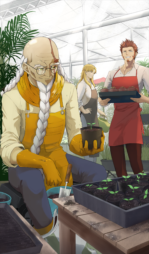 3boys, age_difference, apron, balding, beard, blonde_hair, braid, braided_beard, brown_facial_hair, brown_hair, chaldean_floralia, chiron_(fate), closed_mouth, commentary_request, facial_hair, fate/grand_order, fate_(series), game_cg, gardening, glasses, gloves, greenhouse, holding, holding_plant, indoors, long_beard, long_hair, male_focus, multiple_boys, napoleon_bonaparte_(fate), official_alternate_costume, official_art, old, old_man, plant, potted_plant, short_hair, sideburns, sitting, smile, standing, syatey, third-party_source, trowel, very_long_beard, white_facial_hair, white_hair, zhang_jue_(fate)