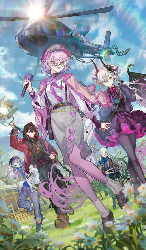 3boys, 3girls, aircraft, antlers, black_dress, black_hands, blue_sky, blush