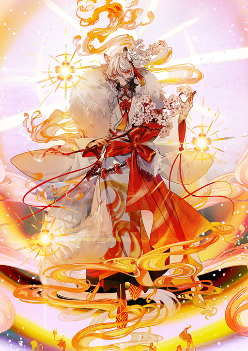 1boy, animal_ears, black_boots, boots, branch, closed_mouth, colored_eyelashes, dog_boy, dog_ears, dog_tail, fate/grand_order, fate_(series), full_body, game_cg, glowing, hair_between_eyes, hair_ornament, hanasaka_no_okina_(fate), holding, holding_branch, japanese_clothes, kimono, long_sleeves, looking_at_viewer, magatama, male_focus, medium_hair, midair, mole, mole_under_eye, multicolored_hair, official_art, orange_eyes, solo, taa_(acid), tail, tassel, tassel_hair_ornament, third-party_source, two-tone_hair, warm_colored, white_hair, white_kimono, wide_sleeves