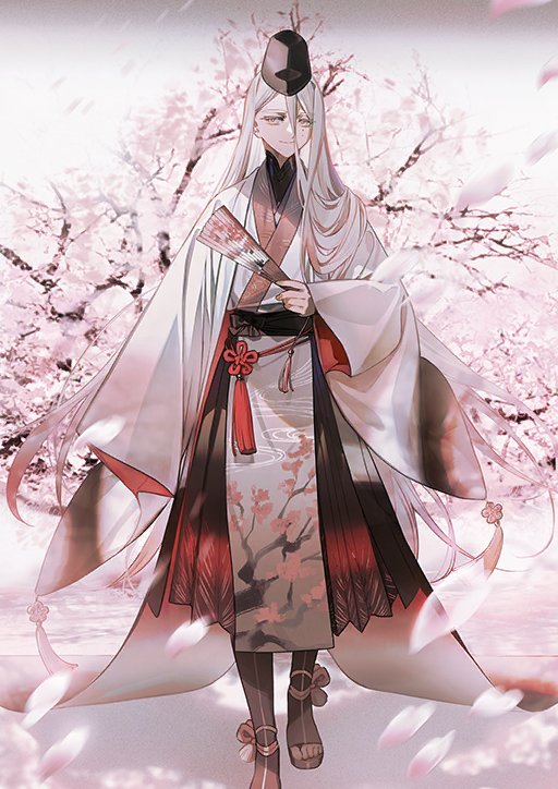 1boy, arm_at_side, bishounen, black_hat, cherry_blossoms, closed_mouth, falling_petals, fate/grand_order