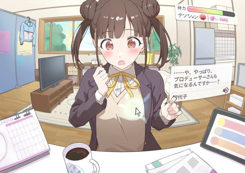 1girl, absurdres, amama_(pcnk4878), blush, breasts, brown_eyes, brown_hair, calendar_(object)