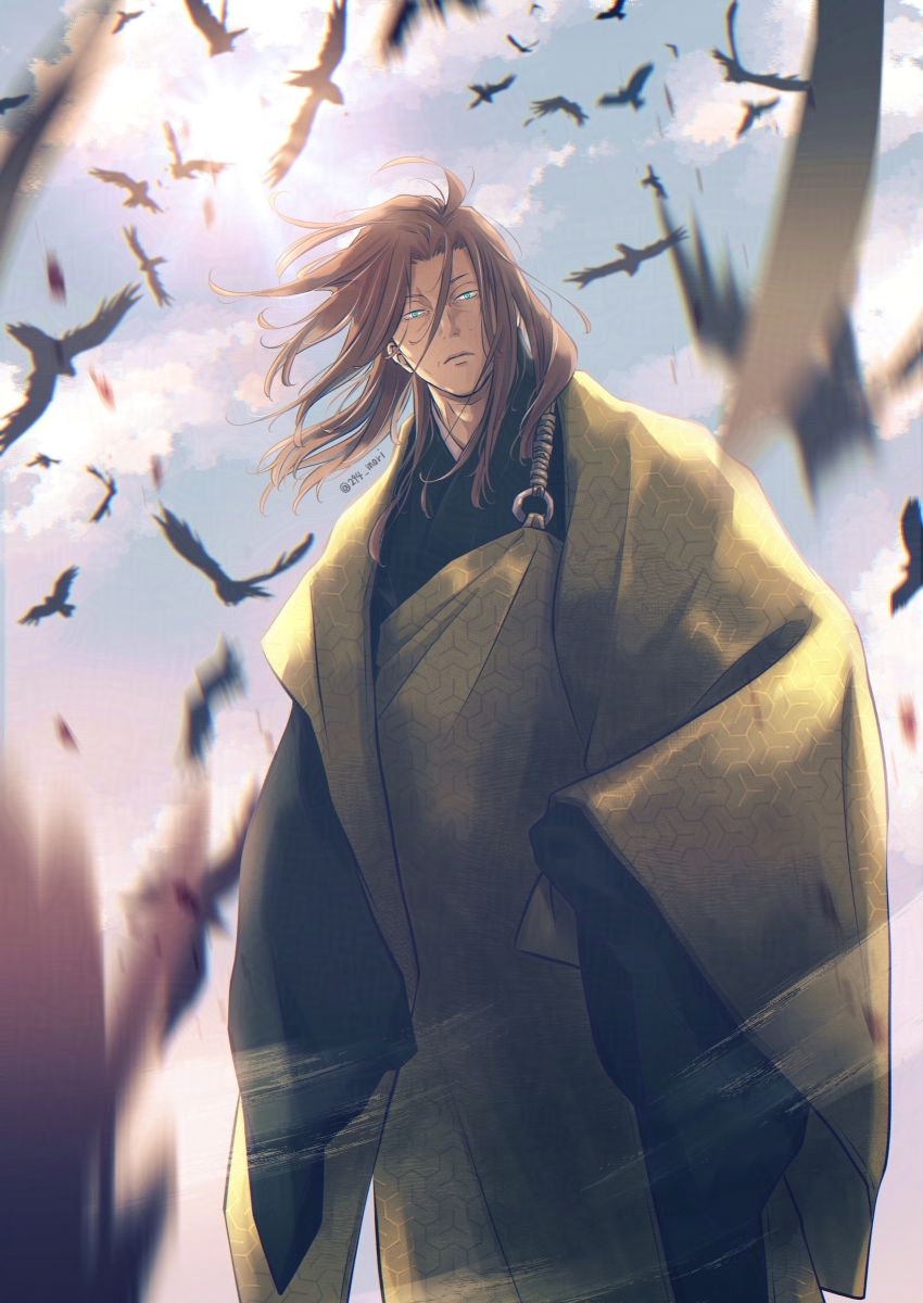 1boy, 294_mori, absurdres, artist_name, bird, brown_hair, crow, day