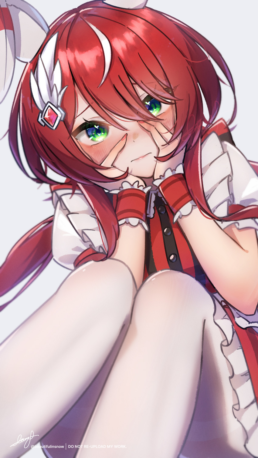 1girl, absurdres, animal_ears, beautifulinsnow, blush, closed_mouth, ear_covers, green_eyes, hair_between_eyes, hands_on_own_cheeks, hands_on_own_face, highres, horse_ears, horse_girl, long_hair, looking_at_viewer, official_alternate_costume, pantyhose, red_hair, signature, sitting, solo, twitter_username, umamusume, white_pantyhose, win_variation_(osaka_hai_celebration)_(umamusume), win_variation_(umamusume)