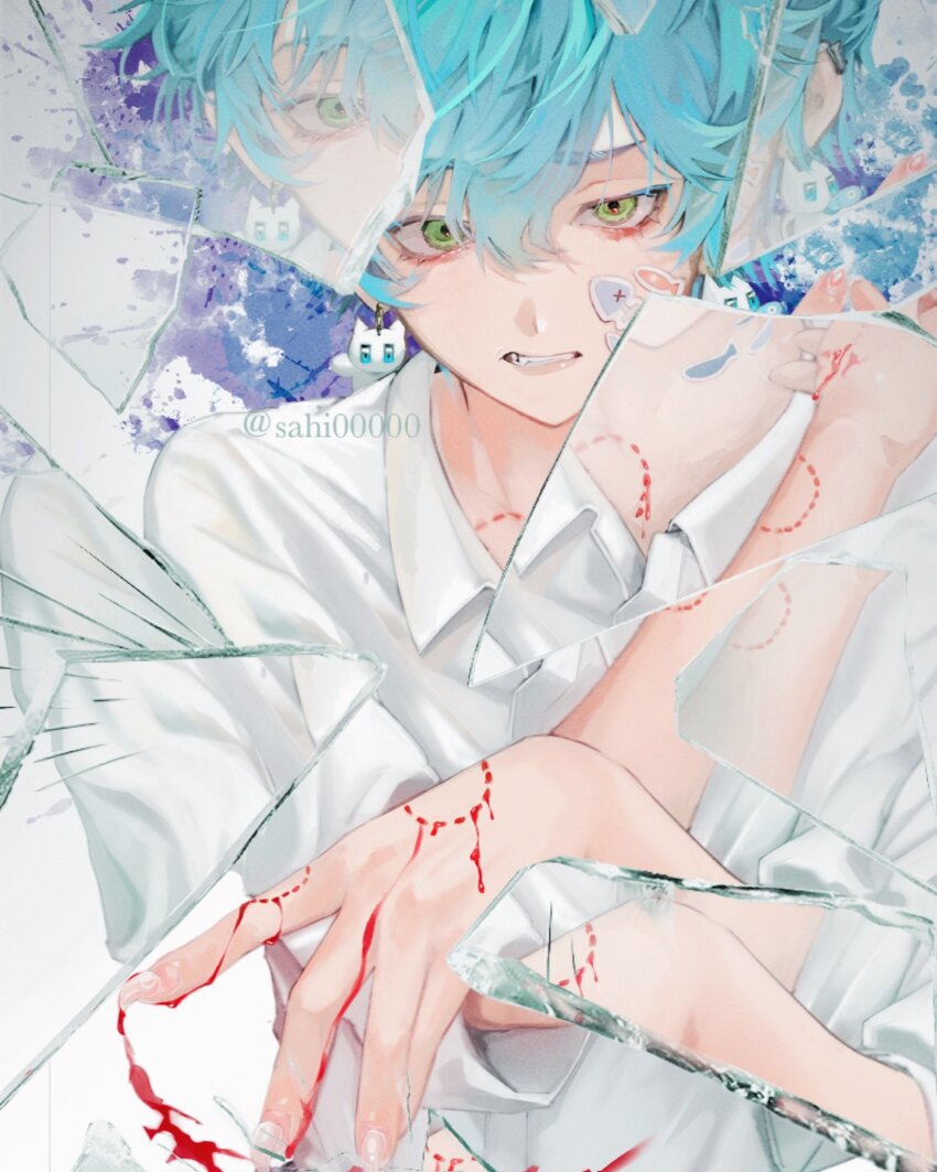 1boy, bite_mark, bite_mark_on_arm, bite_mark_on_chest, bite_mark_on_hand, blood, blood_on_arm, blood_on_hands