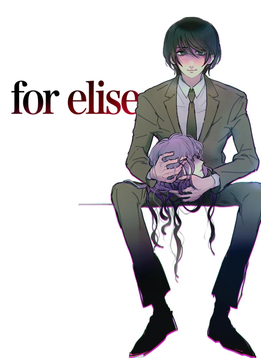 1boy, 1girl, andou_(and_y_u), black_hair, brown_jacket, business_suit, disembodied_head, for_elise_-_elise_no_tame_ni