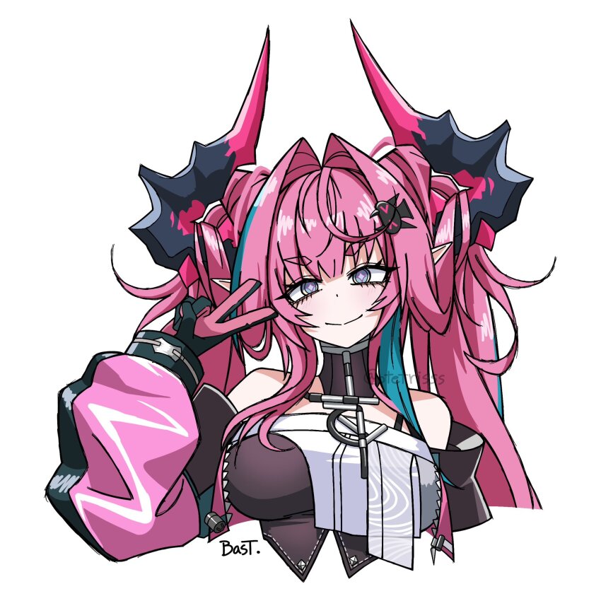 ahoge, arknights, arknights:_endfield, bare_shoulders, bastetris, black_gloves, black_horns, blue_eyes