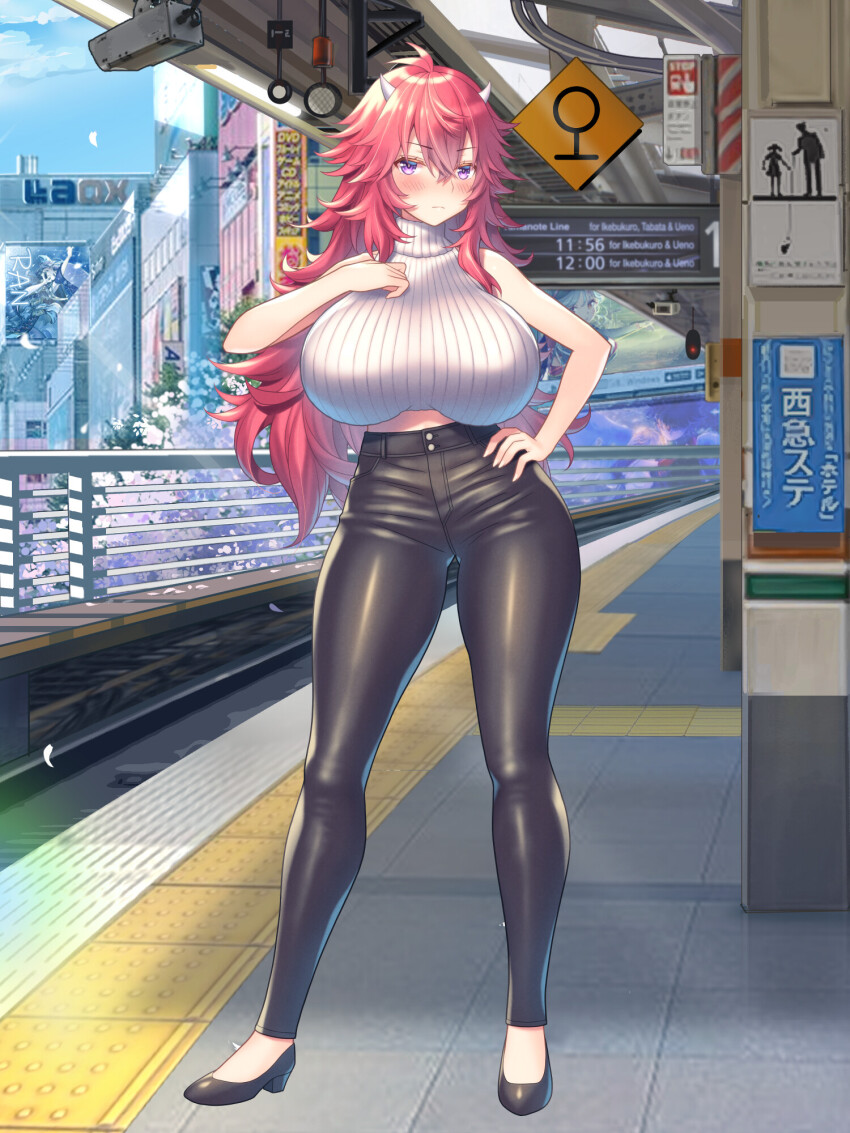 1girl, akito_akaishi, black_pants, black_shoes, blush, breasts, dairoku_ryouhei, fran_stilleto