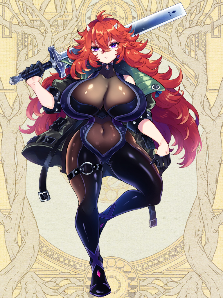 1girl, black_bodysuit, bodysuit, breasts, covered_navel, dairoku_ryouhei, fran_stilleto, full_body, gloves, hair_between_eyes, holding, holding_sword, holding_weapon, horns, huge_breasts, jacket, koumu56, long_hair, looking_at_viewer, o-ring, open_clothes, open_jacket, purple_eyes, red_hair, shoes, solo, standing, standing_on_one_leg, sword, very_long_hair, weapon