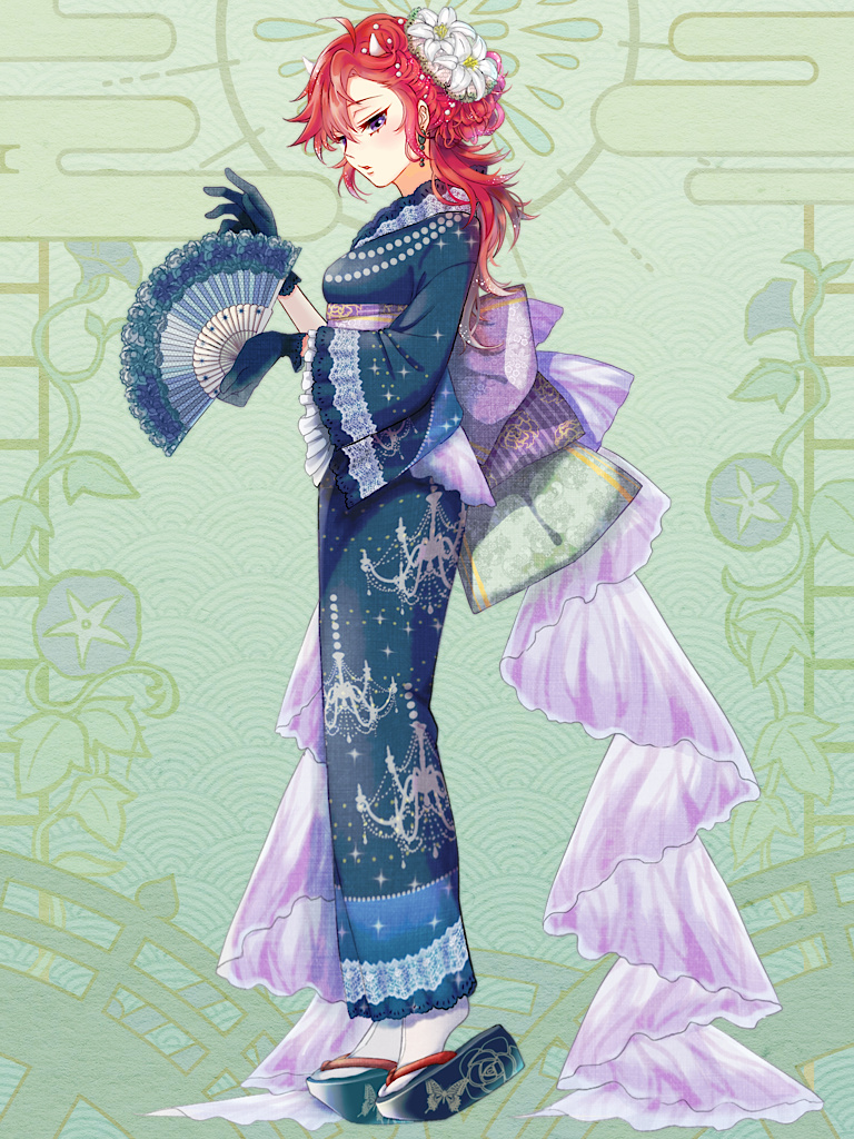 1girl, dairoku_ryouhei, earrings, flower, folding_fan, fran_stilleto, full_body, gloves