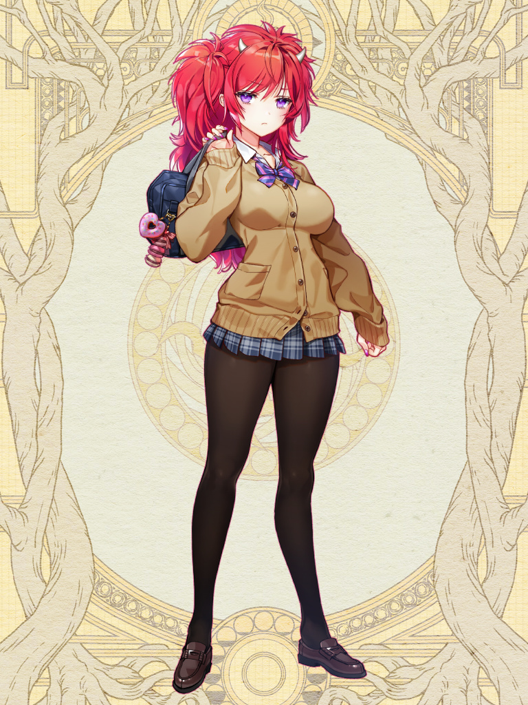 1girl, bag, bag_charm, black_pantyhose, bow, breasts, brown_jacket, charm_(object)