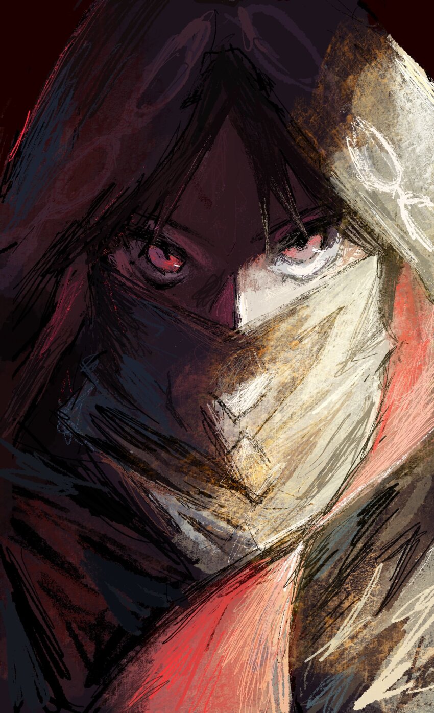 1girl, black_cloak, black_hair, cloak, commentary, covered_mouth, fate/strange_fake, fate_(series), highres, hood, hood_up, hooded_cloak, looking_at_viewer, mouth_veil, no_name_assassin_(fate), red_eyes, solo, untranslatable_commentary, veil, yo_mi_chi000