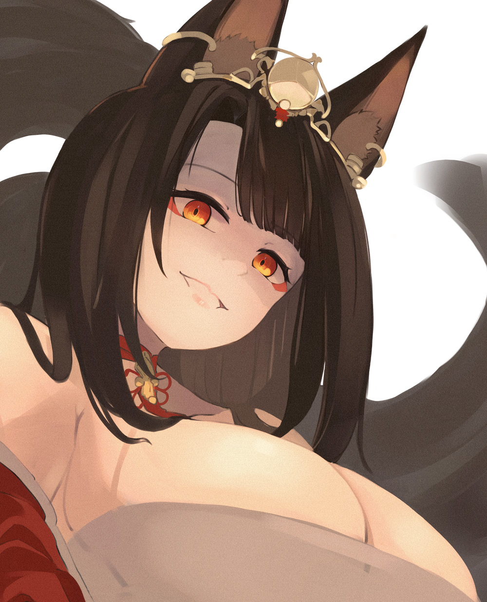 1girl, akagi_(azur_lane), akagi_(dawn_phoenix's_summons)_(azur_lane), animal_ears, azur_lane, bare_shoulders, breasts, brown_hair